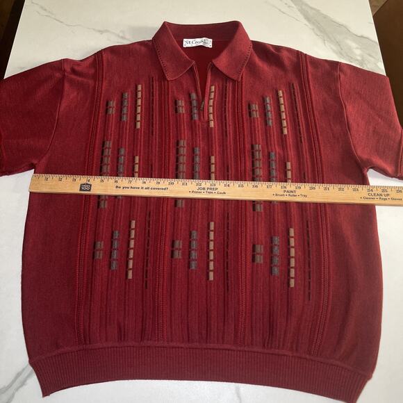 St Croix Shop Mens Large 1/4 Zip Geometric Maroon Sweater Wool Blend Textured - Picture 5 of 12
